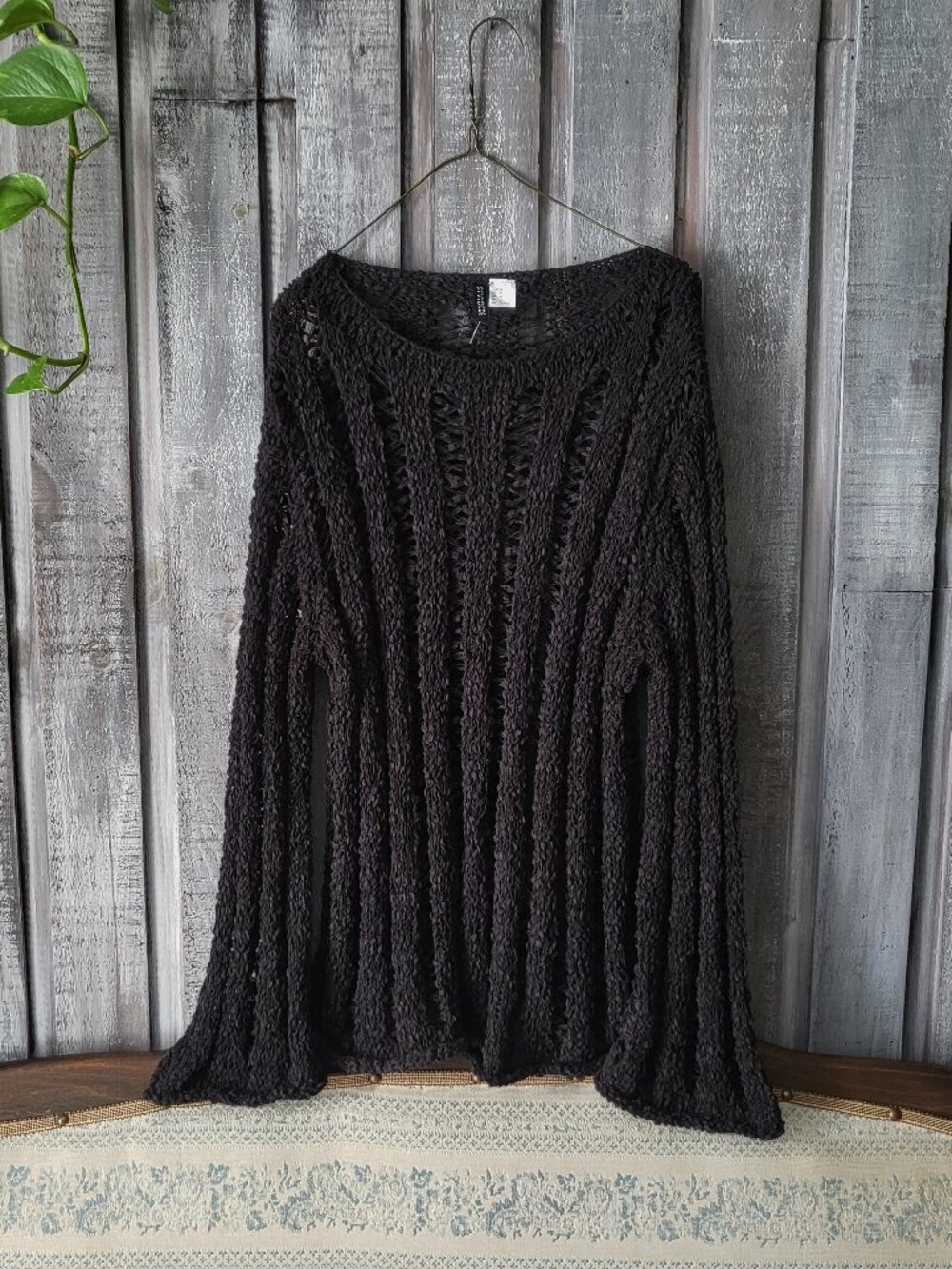 H&M DIVIDED Black Open Crochet Knit Bell Sleeve Pullover Sweater Size M NWOT